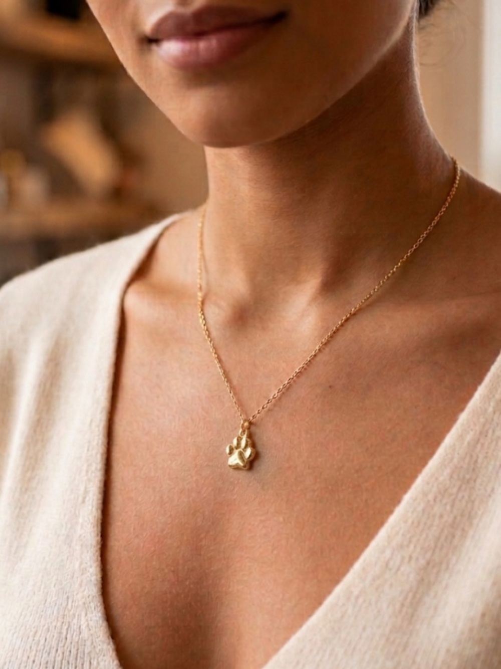 Gold Paw Pendant Necklace - Paw Print Charm - Picture 1 of 12